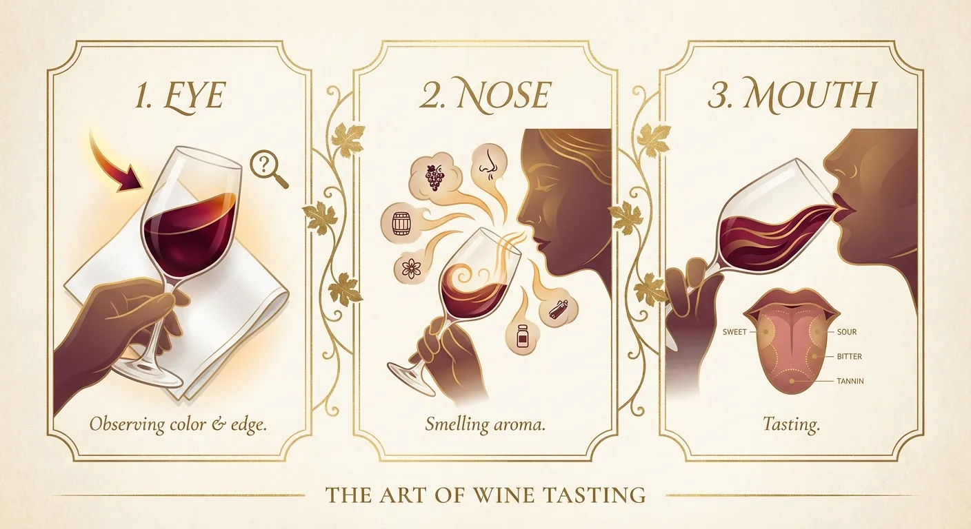 品酒三步驟 — 1. Eye 觀察酒色與邊緣 2. Nose 聞香辨識香氣 3. Mouth 品味口感與餘韻